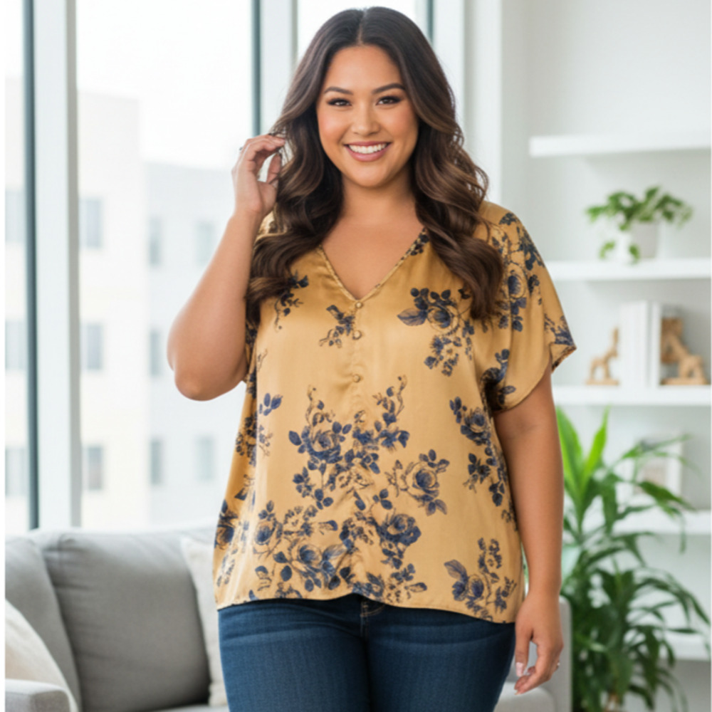 Torrid 3 Women 3x Brown/ Gold & Black Floral Charmeuse Button- Up Blouse Top